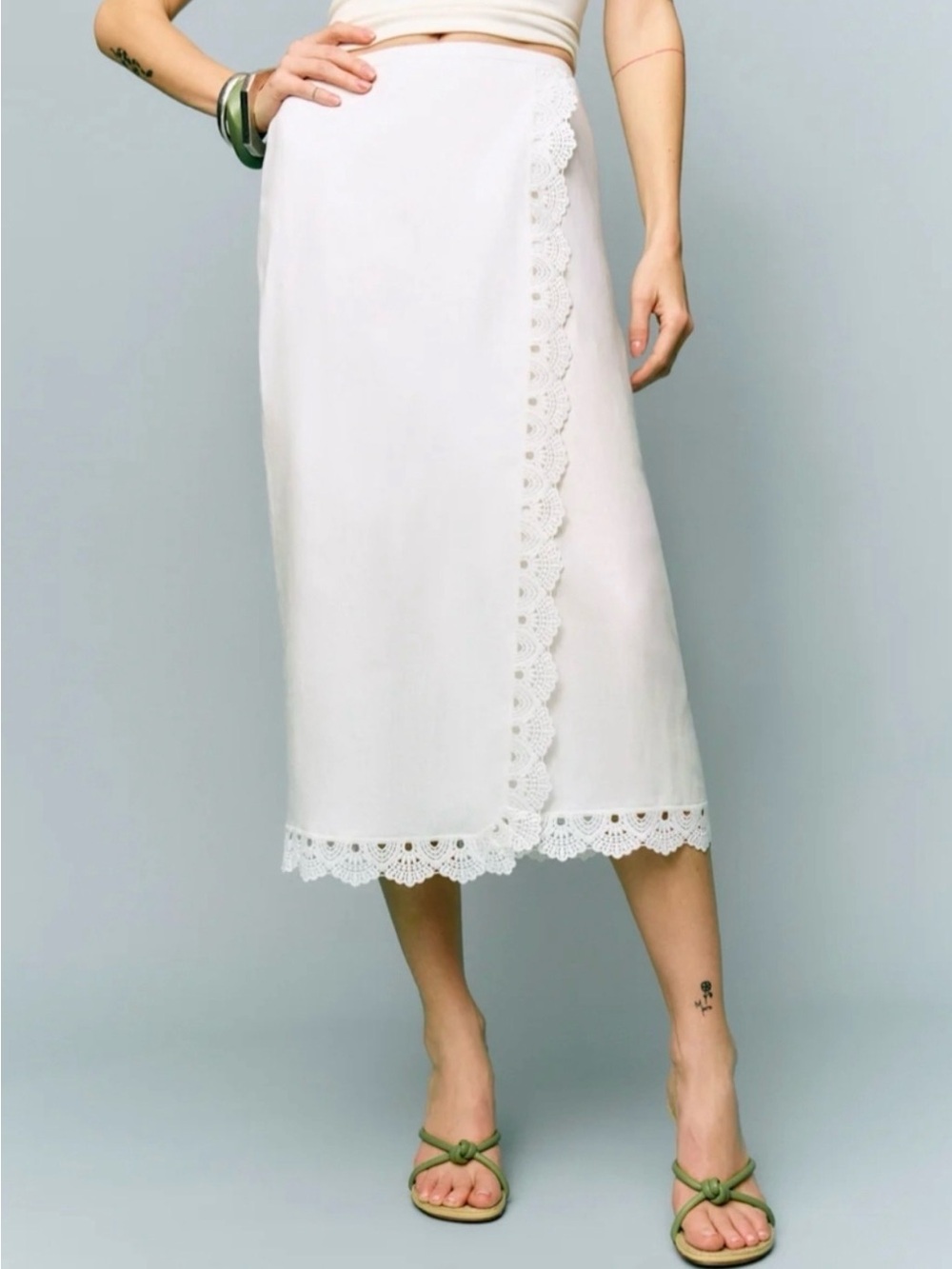 Reformation White Lace-Trim Midi Skirt